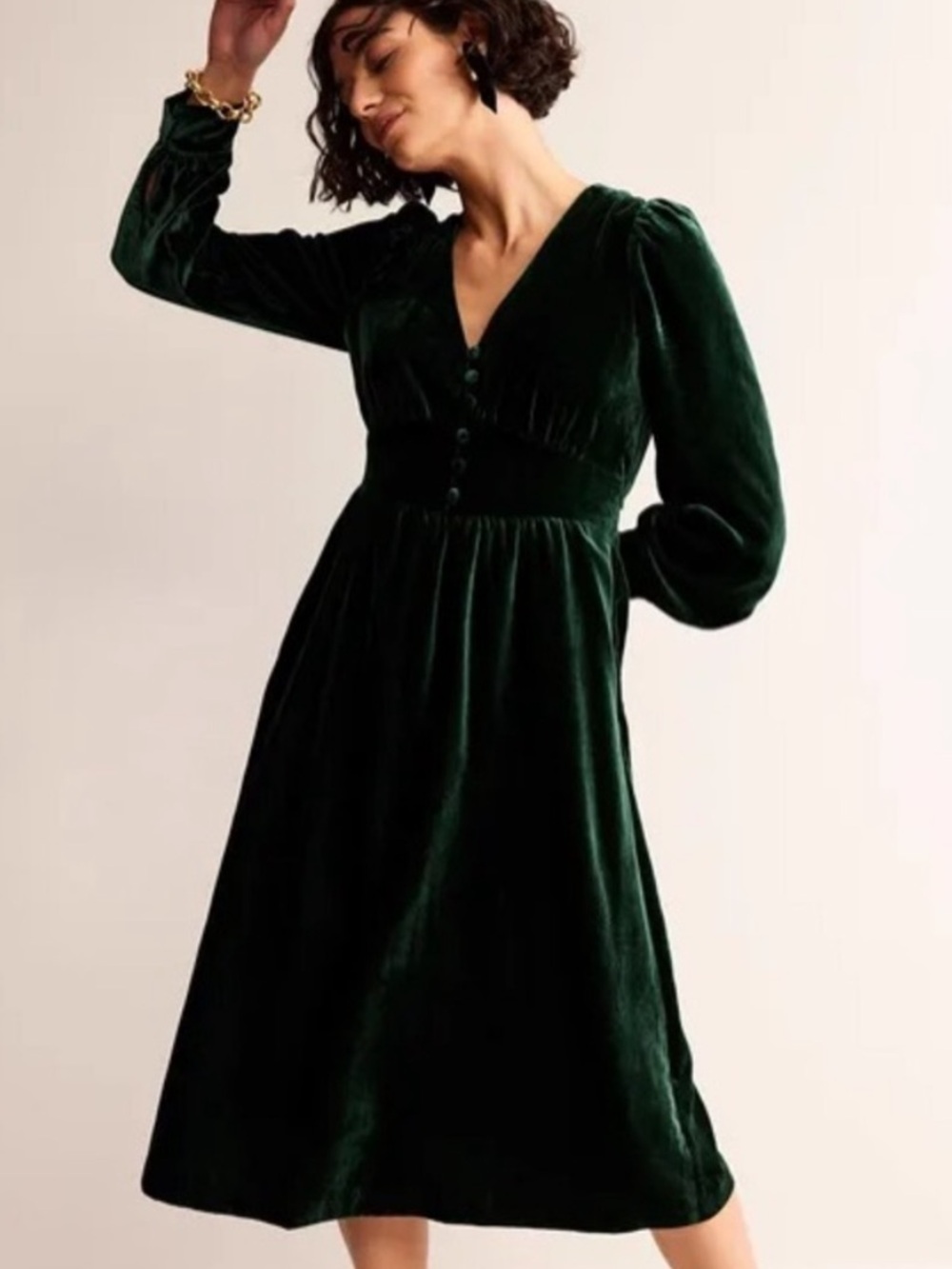 Boden Emerald Green Velvet Velour Elise Midi Dress Button Party Size 2 Petite